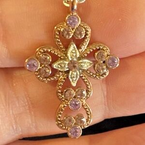 The Vatican Library Collection Rose Gold 1" cross purple stones silver 25" chain